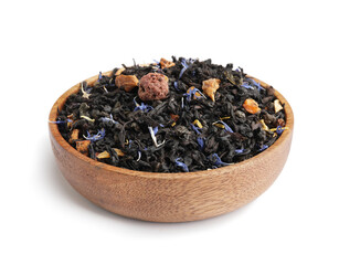 Bowl with dry fruit tea on white background