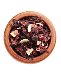 Bowl with dry fruit tea on white background