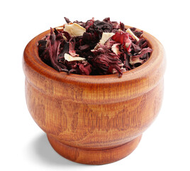 Bowl with dry fruit tea on white background