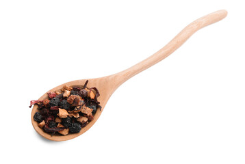 Spoon with dry fruit tea on white background