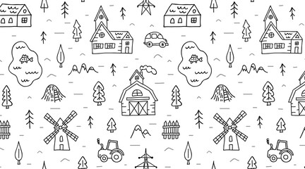 Farming and harvest seamless pattern. Background with hand drawn nature, agriculture and farm elements. Doodle rural print. Vector outline farmland scenery.