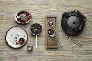 Composition with dry fruit tea on wooden background