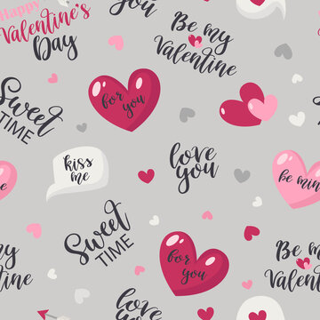 Fototapeta Seamless pattern with hearts and inscriptions