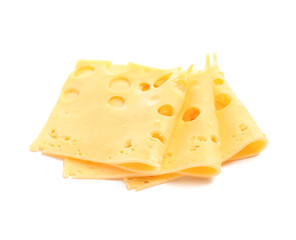 Slices of tasty cheese on white background