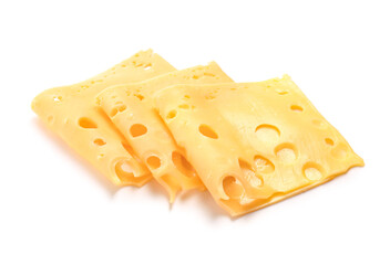 Slices of tasty cheese on white background