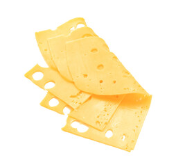 Slices of tasty cheese on white background