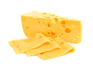 Pieces of tasty cheese on white background