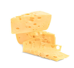 Pieces of tasty cheese on white background