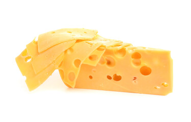 Pieces of tasty cheese on white background