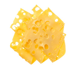 Slices of tasty cheese on white background