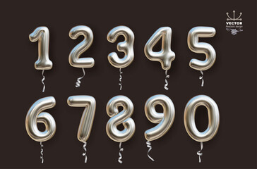 Metallic silver number balloons 0 to 9. Set of foil and latex balloons. Helium balloons. Party, birthday, celebrate anniversary and wedding. Realistic elements. Vector illustration Isolated on grey.
