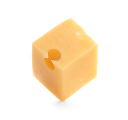 Piece of tasty cheese on white background
