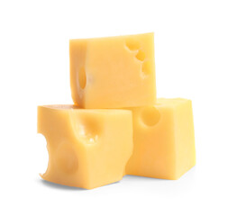 Pieces of tasty cheese on white background