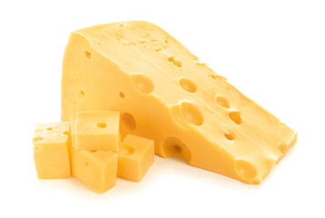 Pieces of tasty cheese on white background