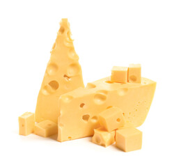 Pieces of tasty cheese on white background