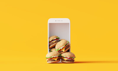 Online food delivery. Hamburgers on smartphone on yellow background. 3d rendering  - obrazy, fototapety, plakaty