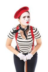 Female pantomimist on white background