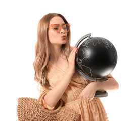 Female tourist with globe on white background