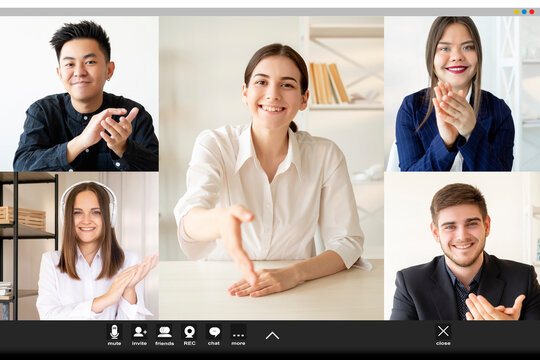 Video call. Online meeting. Group teleconference. Remote work. Screenshot of cheerful diverse multiethnic corporate team applauding greeting female colleague offering handshake at virtual office.