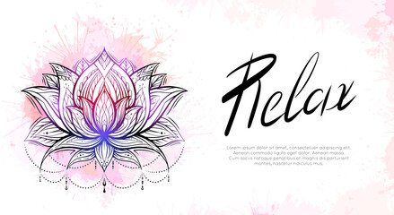 Horizontal template with tribal contour lotus, watercolor splashes and lettering relax. Religious spiritual postcard. Water lilies with native pattern. Banner with symbols for yoga centers.