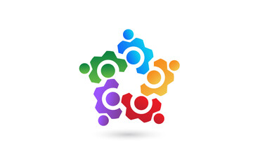 Logo gear industrial business team of five colored people icon vector image design template