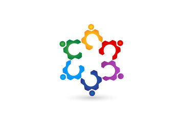 Logo gear industrial business team of six rainbow colored people icon vector image design template