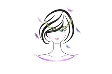 Face of pretty woman silhouette with butterflies and crown of leaves icon logo vector image design