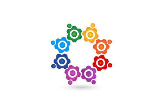 Logo gear industrial business team of eight rainbow colored people icon vector image design template