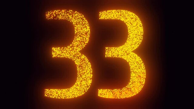 Thirty three years happy birthday, anniversary, holiday, celebration fireworks, bloom, sparkles number animation. 3 fonts variations, 480 frames for each variant. 4K Ultra HD 3D render
