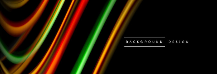 Dynamic motion abstract background. Color blurred stripes on black. Wave liquid lines poster. Vector illustration