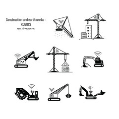 Construction and earth works - robots. Vector icons set on white background. Symbol for web, infographics, print design and mobile UX UI kit. Vector illustration, EPS10.