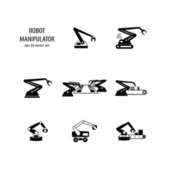 Robot manipulator, robotic arm - vector icons set on white background. Symbol for web, infographics, print design and mobile UX UI kit. Vector illustration, EPS10.