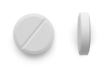Round medical pill isolated on white background.
