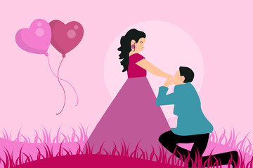 illustration of propose day cartoon style boy proposing to girl background with nature sun and heart shape balloons vector.
