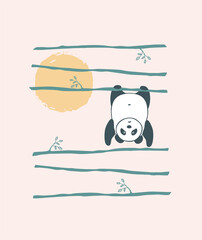 Vector print cute little Panda bear hanging on a branch,on striped background.Typography for children's printing T-shirts.