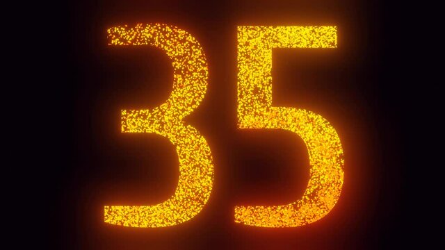 Thirty five years happy birthday, anniversary, holiday, celebration fireworks, bloom, sparkles number animation. 3 fonts variations, 480 frames for each variant. 4K Ultra HD 3D render

