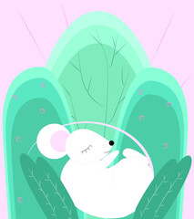 white cute little mouse sleeping in the foliage at dawn, in the forest, the beginning of a new day, cute cartoon character