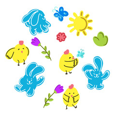 .Easter set - bunnies, chickens, flowers, sun, butterfly. Vector colorful illustration in doodle style. Collection of Easter objects isolated on white background.