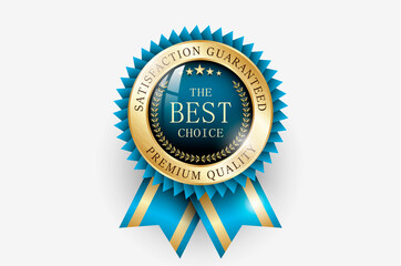 Premium quality / Best choice medal. Realistic golden - blue label - badge, best choice with ribbon. Realistic icon isolated on transparent background. Vector illustration EPS10