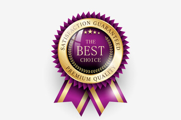 Premium quality / Best choice medal. Realistic golden - purpul label - badge, best choice with ribbon. Realistic icon isolated on transparent background. Vector illustration EPS10