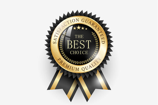 Premium quality / Best choice medal. Realistic golden - black label - badge, best choice with ribbon. Realistic icon isolated on transparent background. Vector illustration EPS10