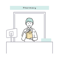 窓口で薬の受け渡しをする男性薬剤師のイラスト