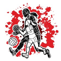 Obraz premium Group of Gaelic Football Women Players Action Cartoon Graphic Vector.