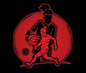 Group of Gaelic Football Women Players Action Cartoon Graphic Vector.