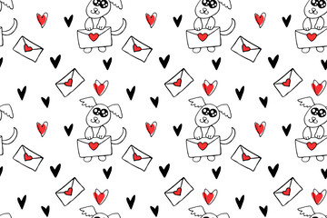 Vector Seamless pattern. Cute contour little dog with love letter and hearts. Hand drawn doodle. Background and texture on theme of Valentine's Day, sending and receiving post, confessions of feelings
