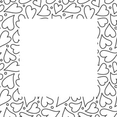 Heart border frame design background, hand drawn outlined hearts in a square surround. Vector template illustration in black and white 