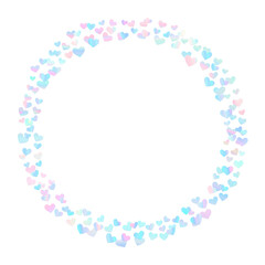 Holographic confetti hearts mix pastel rainbow valentines day circle frame isolated on white background