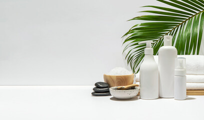 White cosmetic bottles with spa element and towel with palm leaf on white background. Blank label for branding mock-up. Natural beauty product concept. Copy space.