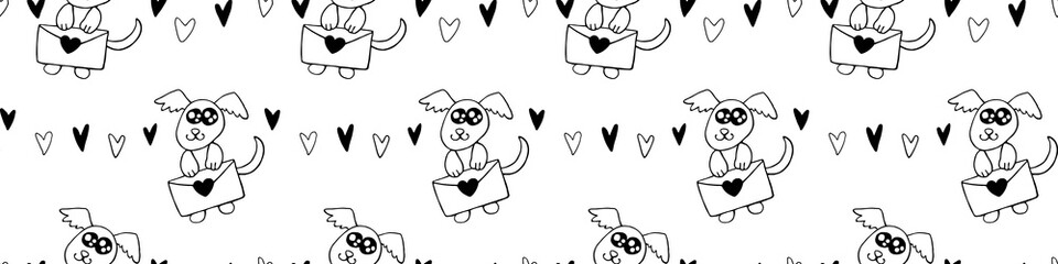 Vector Seamless pattern. Cute contour little dog with love letter and hearts. Hand drawn doodle. Background and texture on theme of Valentine's Day, sending and receiving post, confessions of feelings
