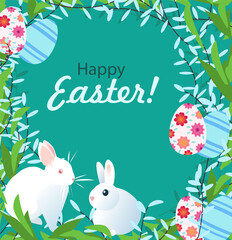 Happy Easter card with image of spring white rabbits, eggs, flowers and willow